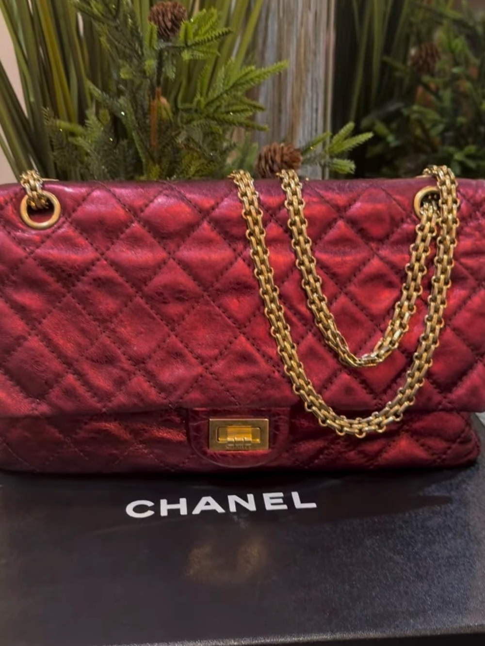 CHANEL Metallic Quilted Red Shoulder Bag with Gold Chain